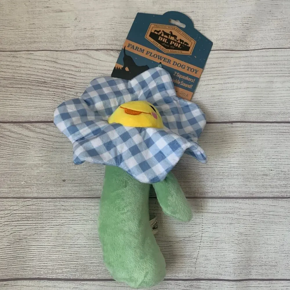 Dr. Pol Farm Flower Dog Toy Blue Gingham Plaid 2 Squeakers Crinkle 12 1/2